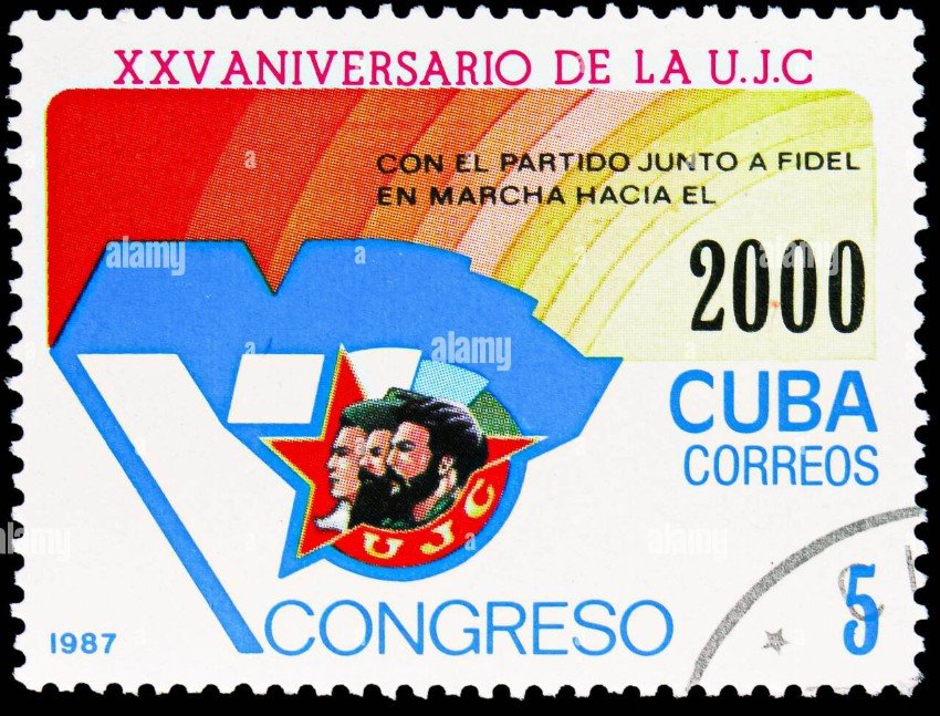 Cuban postage stamp featuring political imagery related to Fidel Castro and Communist Party anniversary